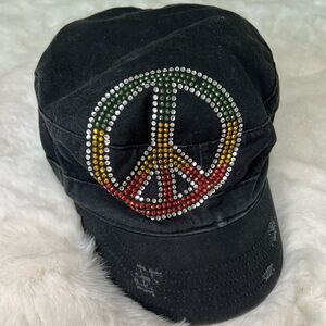 Vintage Bedazzled Rasta Peace Sign paperboy hat.